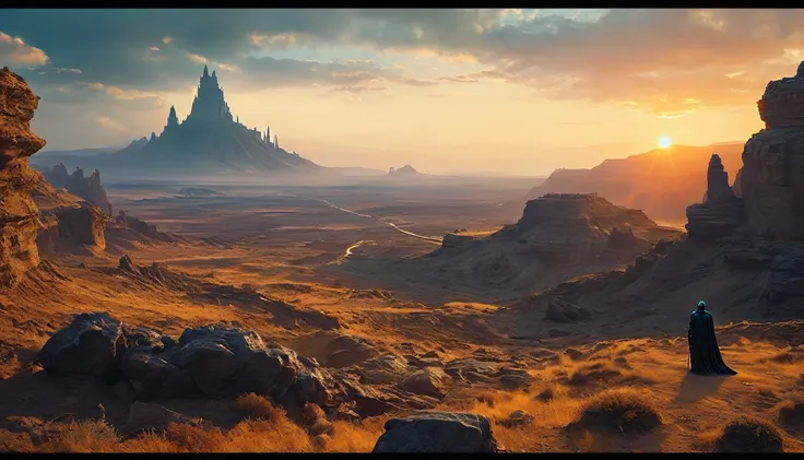 View a vast desert landscape bathed in golden twilight, evoking the iconic Star Wars look. No centro da cena, a Jedi in a flowing cape stands silhouetted against the orange sky, your glowing blue lightsaber in your hand, pronto para enfrentar qualquer desa...