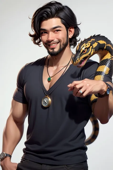 A 39 year old Indonesian man, black short curly hair, a beard, wearing adventure clothes, wearing a necklace with a stone pendant and a watch on his right hand, smiling at the camera while holding a king cobra snake, white background