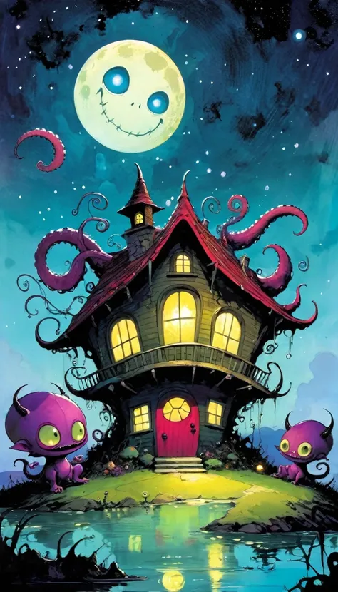 a large demon full of tentacles emerges from the depths,  village of funny little demons, impressive landscape, funny little demons, magical , fantastic, night sky, moon, stars, cute, adorable, background (demon houses (art inspired by Skottie Young and Bi...