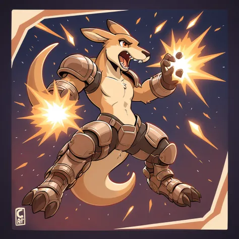 Giant Kangaroo with dinosaur-like armored platting brown and tan in colors punching as hard as a comet in the sky, in card art style