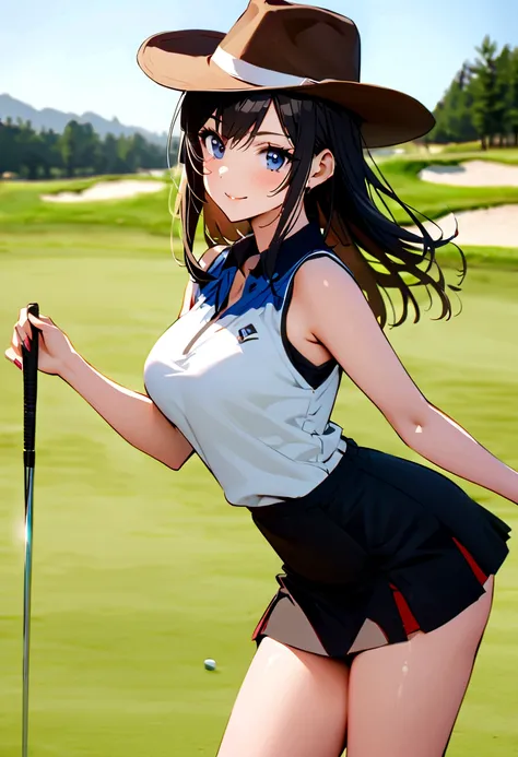 sound　high resolution　8k beauty　woman playing golf　golf course　beautiful woman　timid　black hair　　golf wear　mini skirt　smile　　loo...