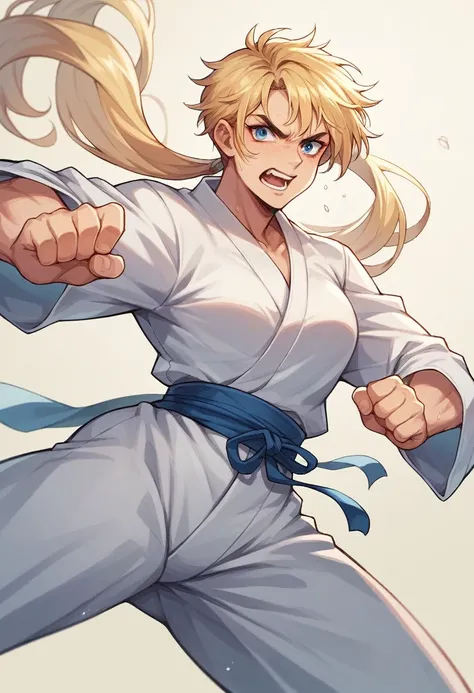 Make a 15-year-old blue-eyed blonde extremely beautiful fighting karate