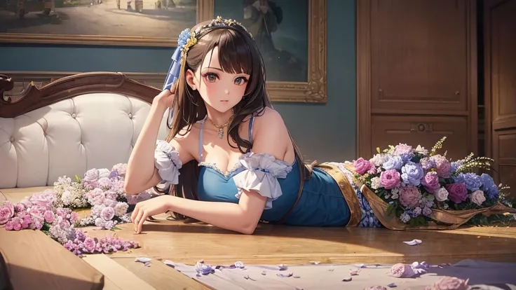 A beutiful realistic scene of a haughty lady in a blue old fashioned dress; the background is vintage in a ancient and large house with a lot of flowers and a golden piano; perfect eyes, perfect face; masterpiece; ultra hd, 4k