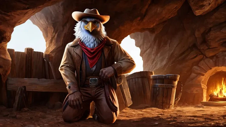 master piece, best quality, high resolution, detailed background, 8k hd, hi res, realistic hands, western, wild west, the old west, dark cave, 1boy, male, anthro, furry, avian, bird, bald eagle, cowboy hat, neckerchief,