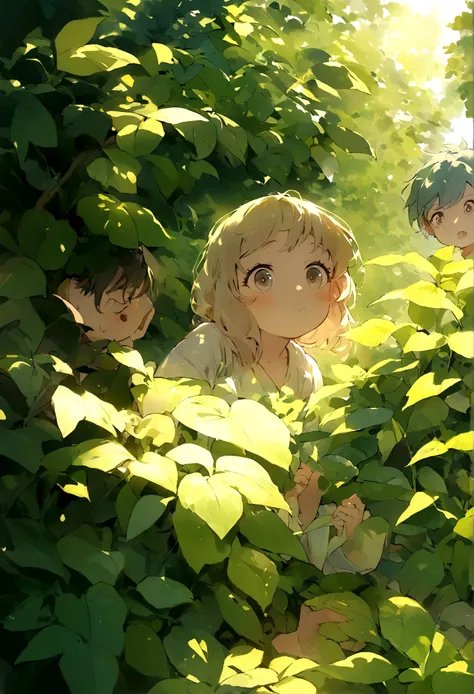 "Two children, a boy and a girl, playing in a lush garden, bright daylight, curious expressions."