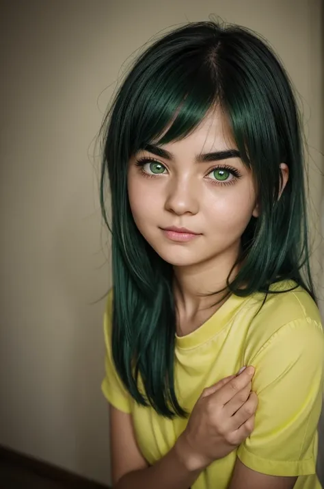 She is a 1girl, she has dark green hair styled in a bob and light green eyes.  She finds herself in a dark room that is only illuminated by the moonlight while she adorably wrinkles her eyebrows, hands other than hers pulling her cheeks in a playful and te...