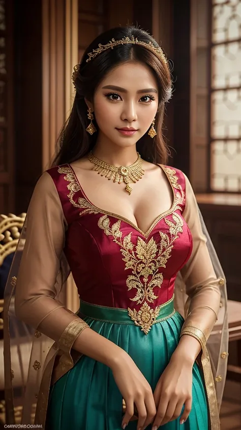 Create a photorealistic portrait of Guinevere from Mobile Legends wearing a traditional Kebaya from Indonesia. Capture her elegance and grace in this beautiful attire, showcasing the intricate details and vibrant colors of the Kebaya