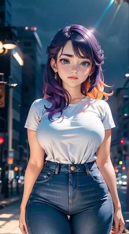 a girl with white and purple ombre hair, wearing high-waisted jeans, detailed portrait, realistic, cinematic lighting, intricate details, colorful, stunning, ethereal, photorealistic, 8k, masterpiece