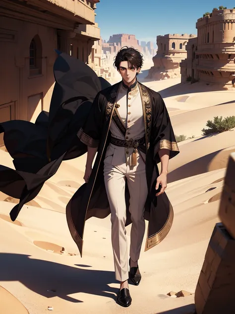 (absurdres, highres, ultra detailed), 1 male, adult, handsome, tall muscular guy, broad shoulders, finely detailed eyes and detailed face, desert, full body, middle eastern clothes, short black hair, brown eyes, focused on scenery, a guy starting journey