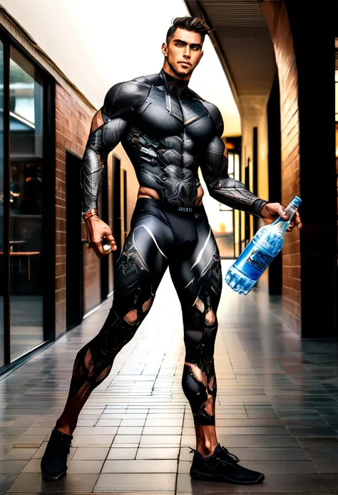 Arafian man holding a bottle of water and a bottle of ice, mens magazine model, male model, dark masculine man, man fashion photo, full body, fitness model, head and shoulders photography, underwear ads, tattoo on body and legs, cyborg parts, product adver...