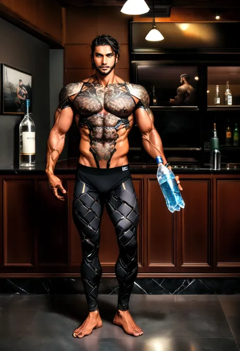 Arafian man holding a bottle of water and a bottle of ice, mens magazine model, male model, dark masculine man, man fashion photo, full body, fitness model, head and shoulders photography, underwear ads, tattoo on body and legs, cyborg parts, product adver...