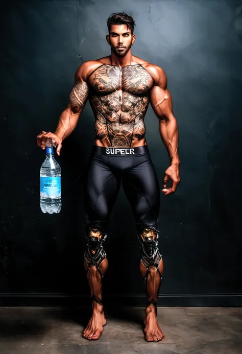 Arafian man holding a bottle of water and a bottle of ice, mens magazine model, male model, dark masculine man, man fashion photo, full body, fitness model, head and shoulders photography, underwear ads, tattoo on body and legs, cyborg parts, product adver...