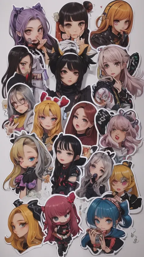 The character costume is KPOP, 9 sets of anime character stickers with different expressions, Hallyu collection style, Anime K-pop art style, Hallyu frontline style, Hallyu art style, kpop style, Official artwork, Chibi Art, Pisif, Blackpink style, Cute KP...