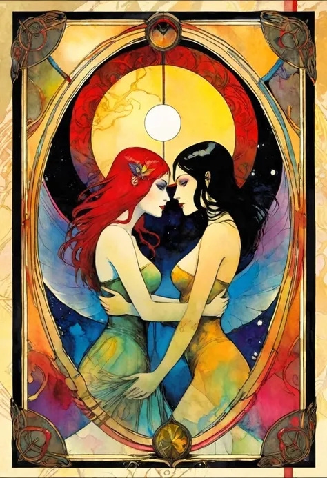 tarot card, a card, card : "THE LOVERS", tarot card frame,(art inspired by Bill Sienkiewicz).
