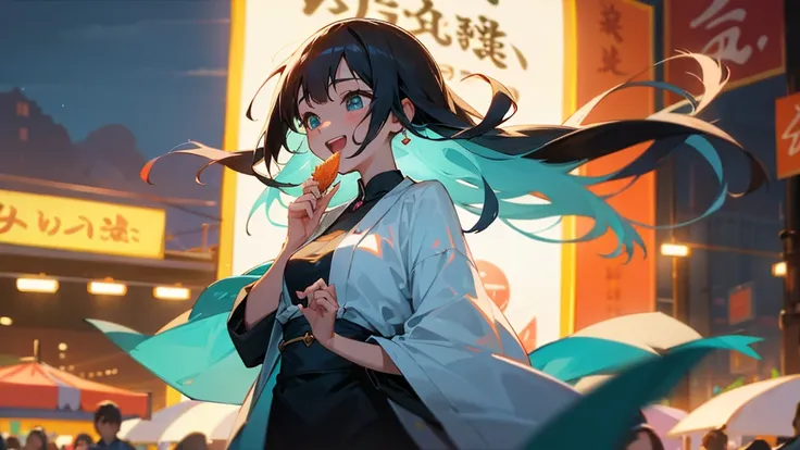 In the midst of a vibrant and bustling night market, Women appear excited and happy. Dress relaxed, She sir々She is holding a delicious snack in her hands.. Her face radiates pure joy and satisfaction., Her eyes sparkle with joy as she takes in the vibrant ...