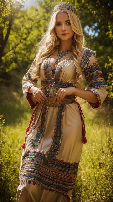 most beautiful german blonde lady, wearing kabyle robe, kabyledress, amazigh, berber, kabyleoitfits, bijoux, nature background, ...