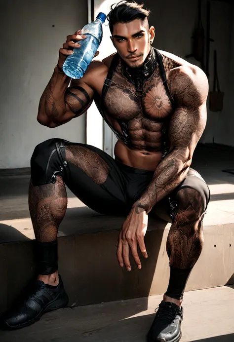 Arafian man holding a bottle of water and a bottle of ice, mens magazine model, male model, dark masculine man, man fashion photo, full body, fitness model, head and shoulders photography, underwear ads, tattoo on body and legs, cyborg parts, product adver...