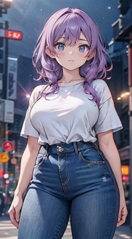 a girl with white and purple ombre hair, wearing high-waisted jeans, detailed portrait, realistic, cinematic lighting, intricate details, colorful, stunning, ethereal, photorealistic, 8k, masterpiece