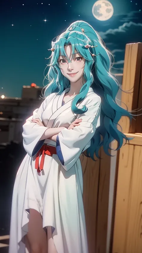 tomoe, 1 girl, red eyes, long aqua hair, sailor suit, standing on the moon, earth in background, space, star, confident smile.