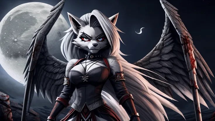 Loona from Helluva Boss, white female wolf, white hair, grey hair, queen outfit, grey wings, moon halo, she is a angel of violence, bloody, standing, cold stare, detailed, solo, beautiful, high quality, 4K