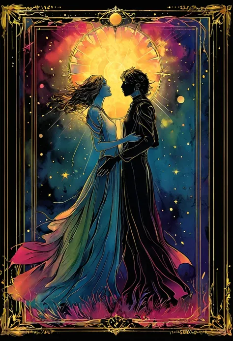 tarot card, a card, card : "the lovers", tarot card frame,vivid colors (art inspired by bill sienkiewicz).