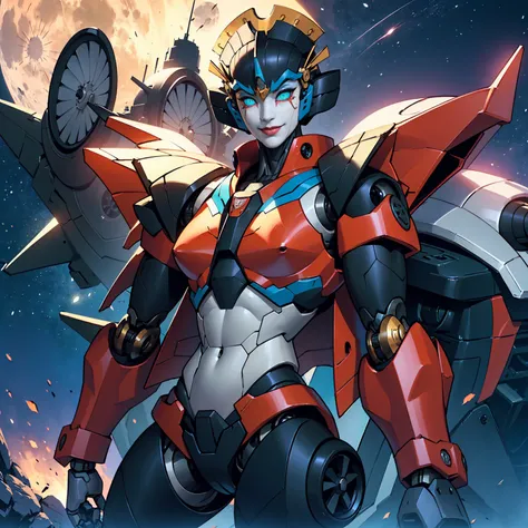 windblade, ((robot, mecha, glowing green eyes, makeup, narrow waist, skinny, medium breasts, no_humans, autobot, wings)), pelvic...