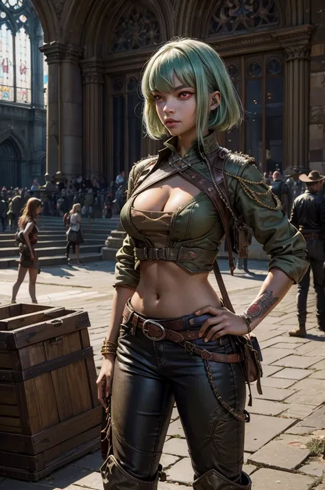 emeraldsustrai, emerald sustrai, short hair, (red eyes:1.5), green hair, dark skin, dark-skinned female, BREAK navel, cleavage, midriff, belt, cleavage cutout, chaps, hands on hips, BREAK outside palace, floor, mable pillers, tall stained glass windows, BR...