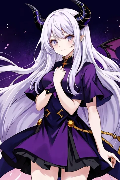 anime female demon warlock with long white hair, blue and amber eyes, light purple skin, and demon horns