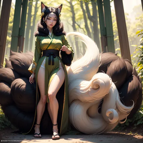 ((full body shot at distance)) , (((1girl))), (realistic fox-girl with black hair and nine tails) , (nine tails with black fur:2.0 ) , (image centered on subject with her tails spread behind her:1.5) , (anatomical perfect), (beautiful human face, high chee...