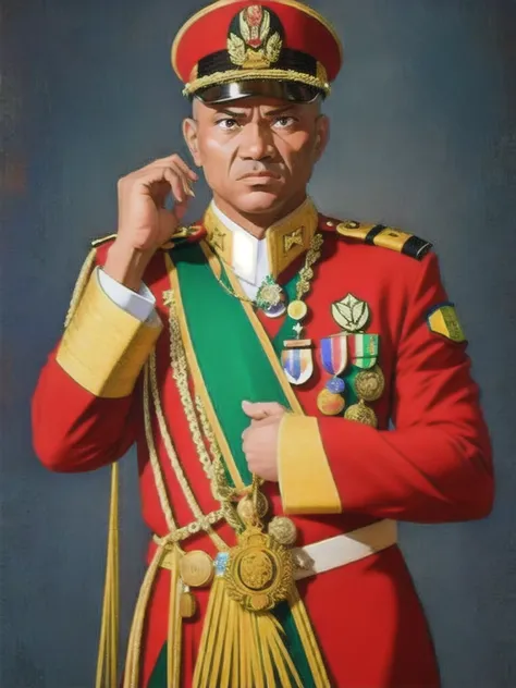 detailed and realistic portrait of angry general oligui, vieux,en tenue militaire, with many medals, soft, dim light, 8k