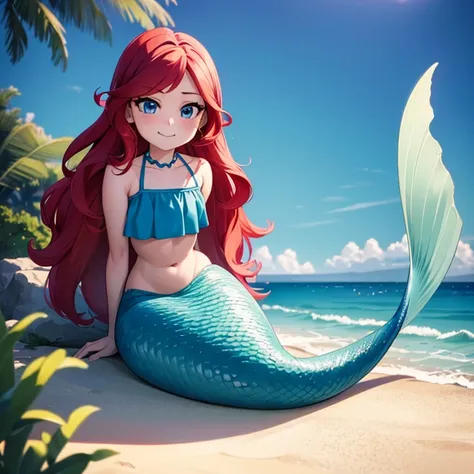 ruby, mermaid, 1 girl, teenage, long red hair, medium hair, blue eyes, bare shoulders, medium breast, aqua ruffle crop top, merm...