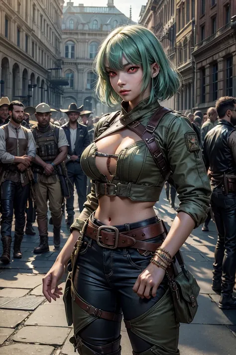 emeraldsustrai, emerald sustrai, short hair, (red eyes:1.5), green hair, dark skin, dark-skinned female, BREAK navel, cleavage, midriff, belt, cleavage cutout, chaps, hand on hip, BREAK outside palace, floor, marble pillars, tall stained glass windows, BRE...