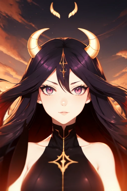 anime female demon warlock with long white hair, blue and amber eyes, light purple skin, and demon horns