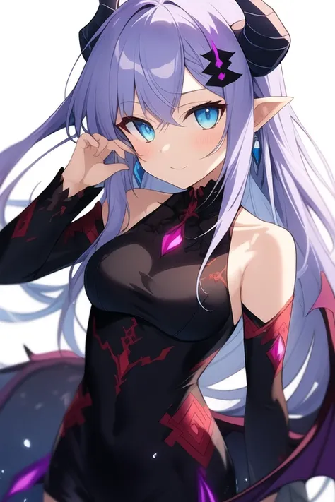 anime female demon warlock with long white hair, blue and amber eyes, light purple skin, and demon horns