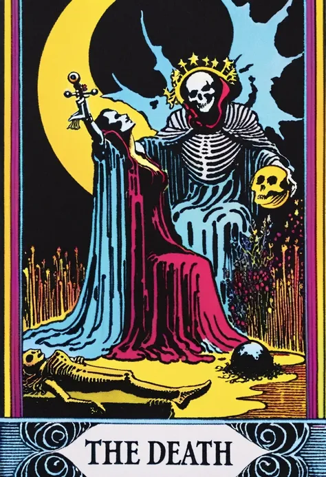 tarot card, a card, card : "the death", tarot card frame,vivid colors (art inspired by bill sienkiewicz). text: the death