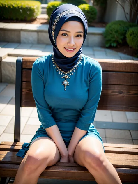 one malay 36yo mature supermodel wearing hijab and long sleeve short dress sitting on a bench, ((very detailed face)))), ((very ...