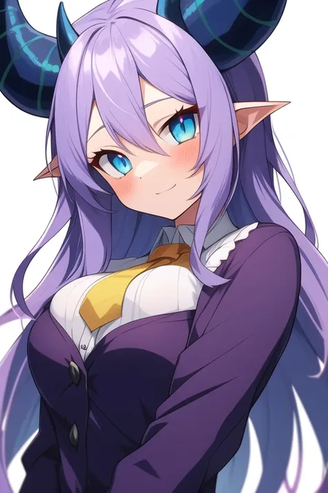 anime female demon with purple skin, long white hair, blue and amber eyes, and demon horns