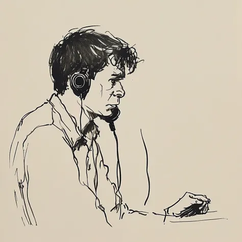 a black and white drawing of a close up of a guy who reply to the phone