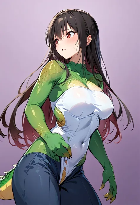 ((masterpiece)), highest quality, Super detailed,(One girl),(Yui Kotegawa morphing into lizard), Long Hair,Beautiful background , chest, Curved body, Look to the side, Worried face, 