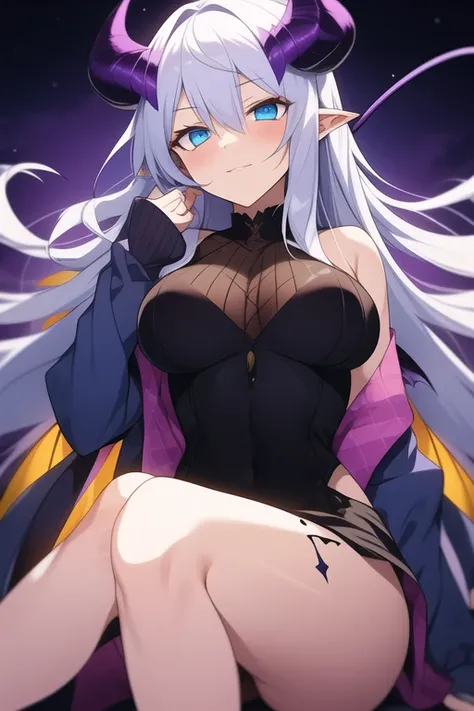 anime female demon with purple skin, long white hair, blue and amber eyes, and demon horns