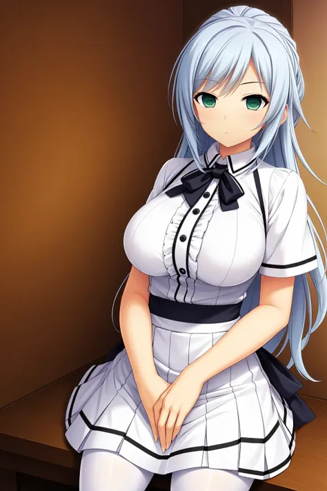 ultra hd、ultra-high resolution、8k,silver-hair,long-hair,silver-hair,green-eyes,dark-makeup,big-breast,白いfrilled shirt、frilled sh...