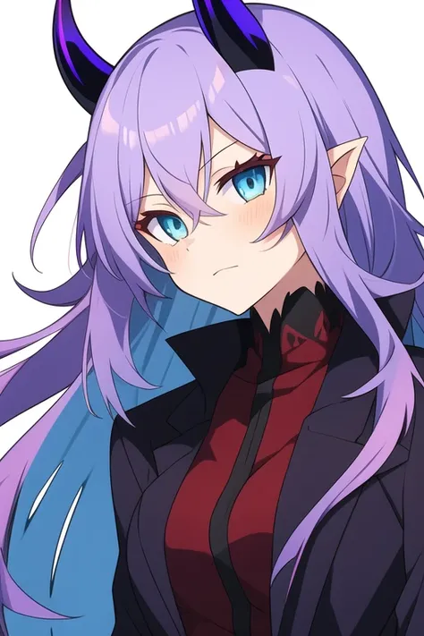 anime female demon with purple skin, long white hair, blue and amber eyes, and demon horns