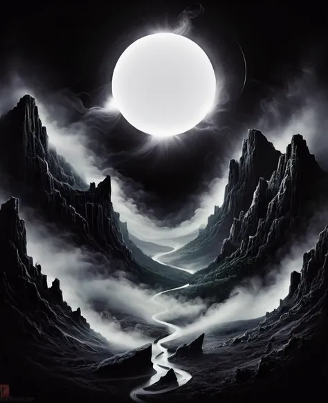 black background ,mist , anguish, valley , eclipse, spirits,