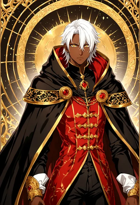 Male brown skin white hair yellow eyes black gold and red outfit with a cloak anime 