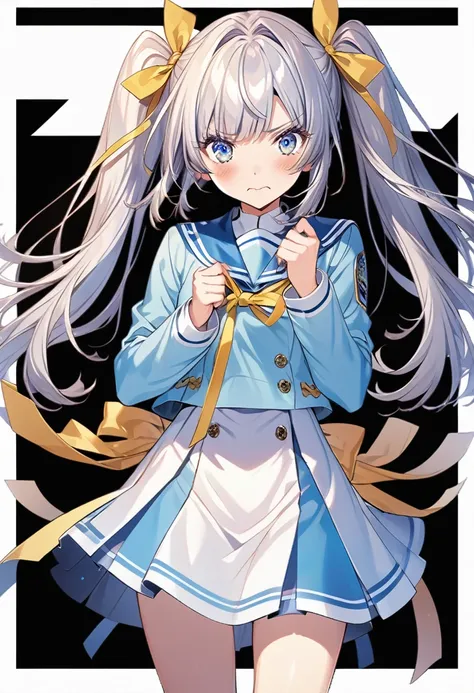 1girl, official art, white background, cowboy shot, generate an anime-style girl with long, light blue hair styled in twin tails...