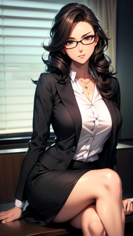 anime semi-realism style, a hot office lady wearing eye glasses, curly long hair, white shirt, black short skirt, sitting with c...