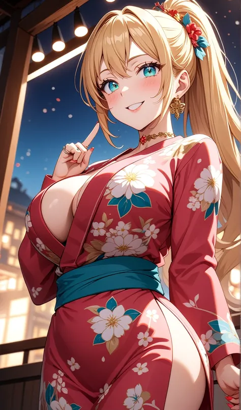 ((One personの女性)), Beautiful Face, Laughing embarrassedly,((Wink:2.0)),Laugh with your mouth wide open,((Red cheeks:1.4)),Glossy pink lips,night,rooftop,Festive decorations,You can see the ocean, firework,((Anime style background)),masterpiece, Highest qua...