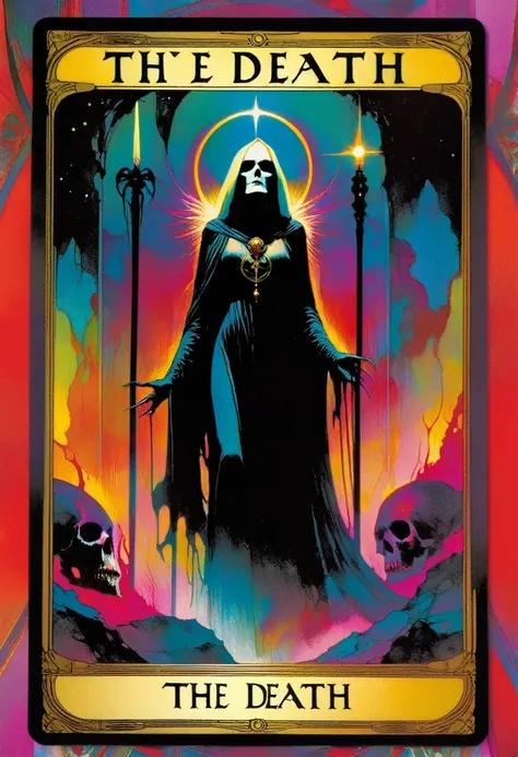 tarot card, a card, card : "THE DEATH", tarot card frame,vivid colors (art inspired by Bill Sienkiewicz). text: THE DEATH
