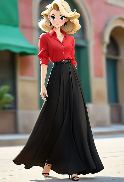 Blonde woman wearing a black maxi skirt and a red blouse