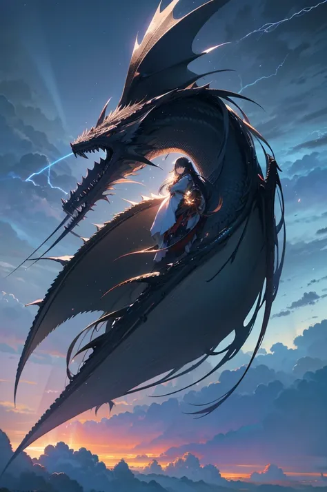 a beautiful detailed anime girl with black long hair riding on a dragon, flying through the cloudy blue sky, wearing a traditional japanese outfit, dramatic lightning and stormy weather in the background, (best quality,4k,8k,highres,masterpiece:1.2),ultra-...